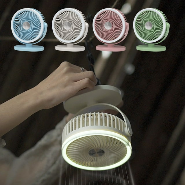 Ventilador de sobremesa recargable USB con luz nocturna - Ventilador portátil de mesa de 3 velocidades, giro de 720°, alimentación USB de 5V para dormitorio en casa, Rosa, Blanco, Verde Azul