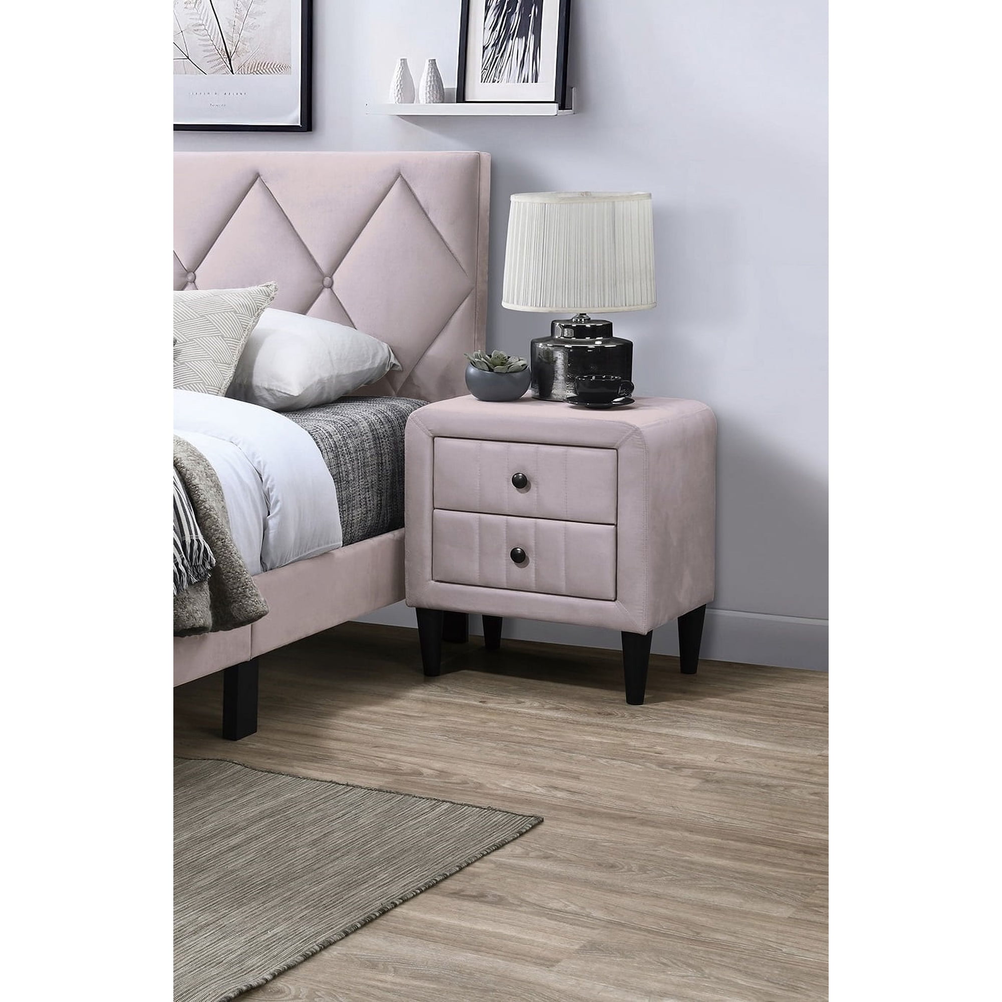 Kanepe Nightstand with 2 Drawers - Velvet Bedside Table, Modern Glam Bedroom Furniture - Light Pink, 21" x 16" x 22"H