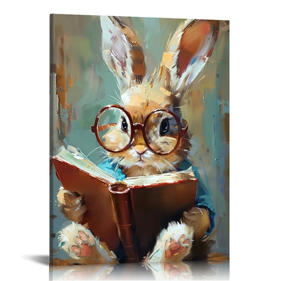 framed Cute Easter Bunny Reading Book Art Posters, Tiny Rabbit Big Glasses Canvas Painting Wall arts, Artwork Wall Painting For Gift, Ornament for Living Room, Bedroom, Office, Hallway, Kitchen Decor