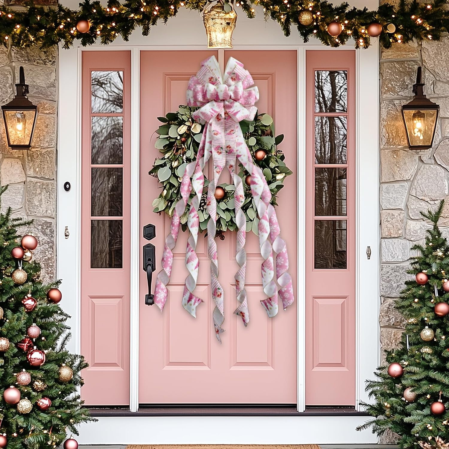 Large Christmas Tree Topper Bow 52x13 Inch, Pre-Tied Wired Ribbon Wreath Bows, Xmas Ornaments with Long Wired Edge Streamer for Holiday Thanksgiving Indoor Outdoor Party Decoration (Pink)