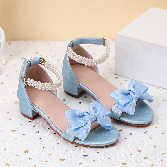 Girls Dress Shoes Sandals Bow Pearl Open Toe Low Heels Ankle Strap Flower Girl Wedding Party Shoes