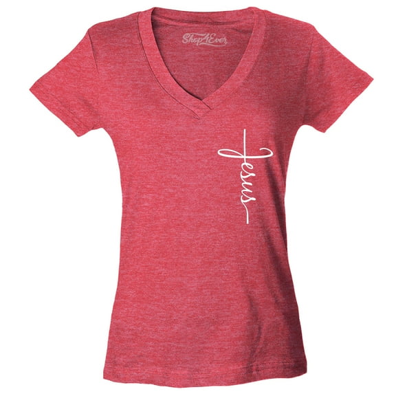 Shop4Ever Women's Jesus Cross Cursive Script Small Slim Fit V-Neck T-Shirt XX-Large Heather Red