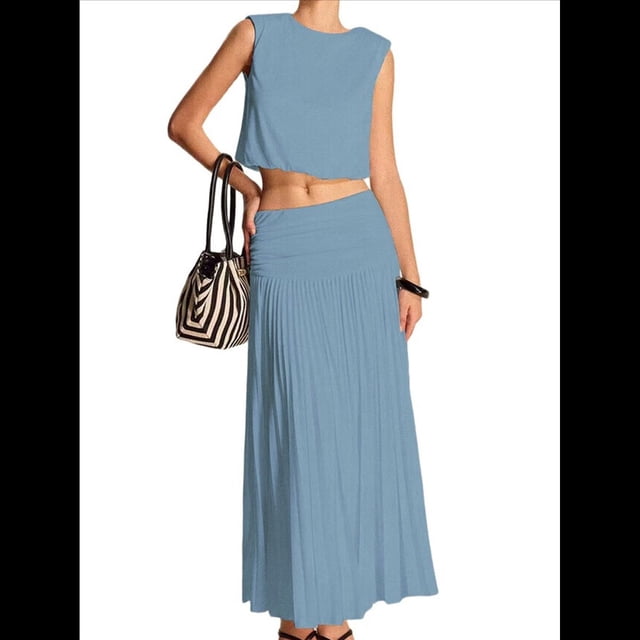 Vestido Maxi Plisado Fluido para Mujer, Vestido Maxi de Cintura Alta, Vestido Maxi de Fantasía Azul y Verde S