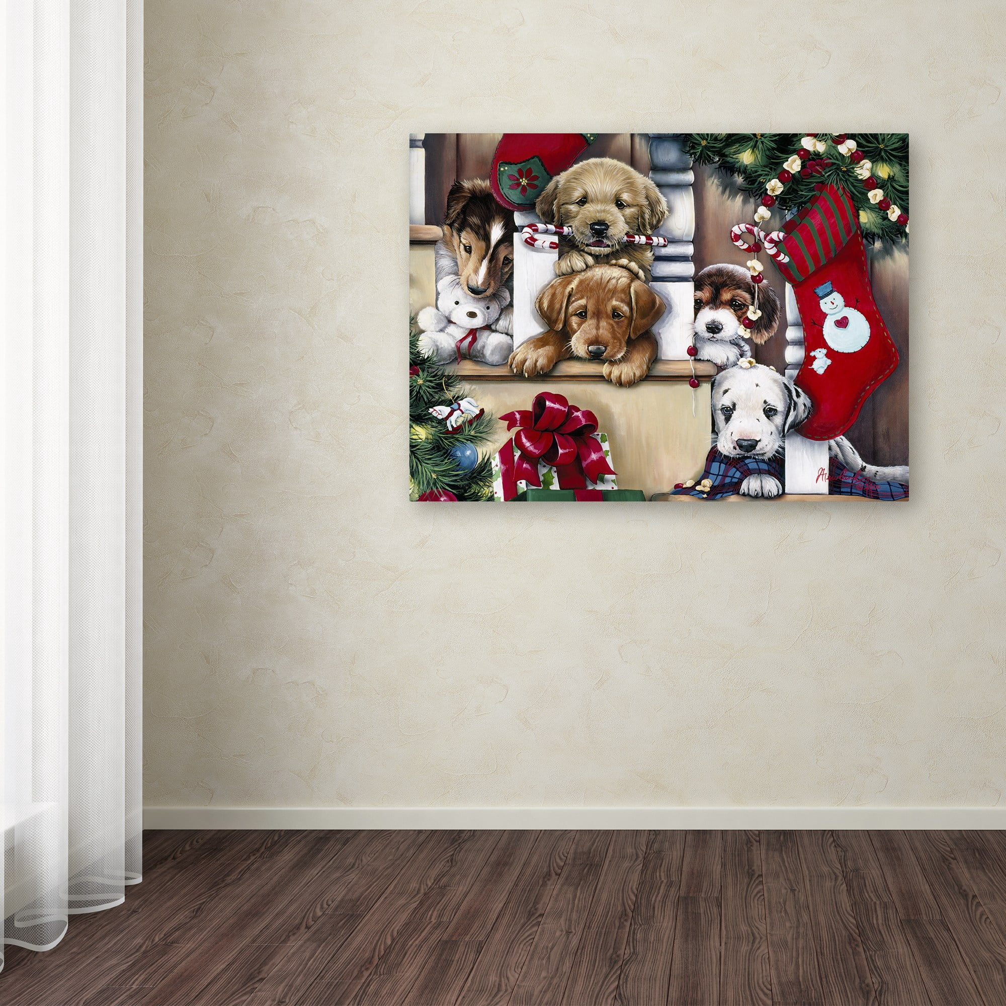 Trademark Fine Art 'Christmas Puppies On The Loose' Canvas Art by Jenny Newland