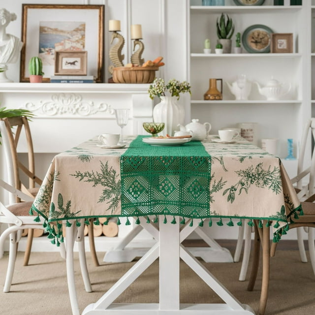 Xiao Hua 1 mantel estampado de rama de pino verde, empalme hueco, pequeño mantel de comedor fresco, decoración de papel tapiz de tela de restaurante 140 * 140 cm