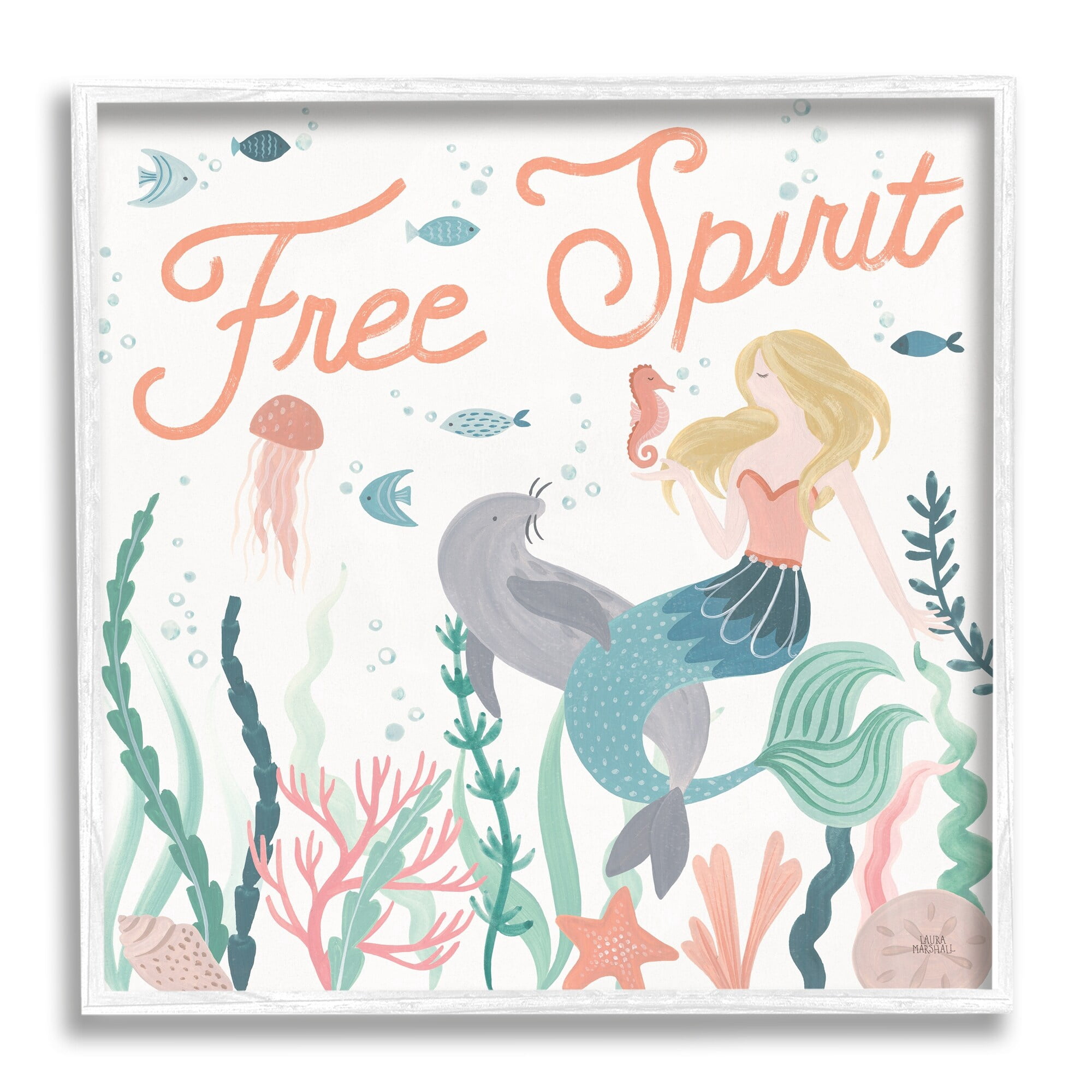 Stupell Industries Free Spirit Phrase Children's Underwater Mermaid Animals, 24 x 24,Design by Laura Marshall