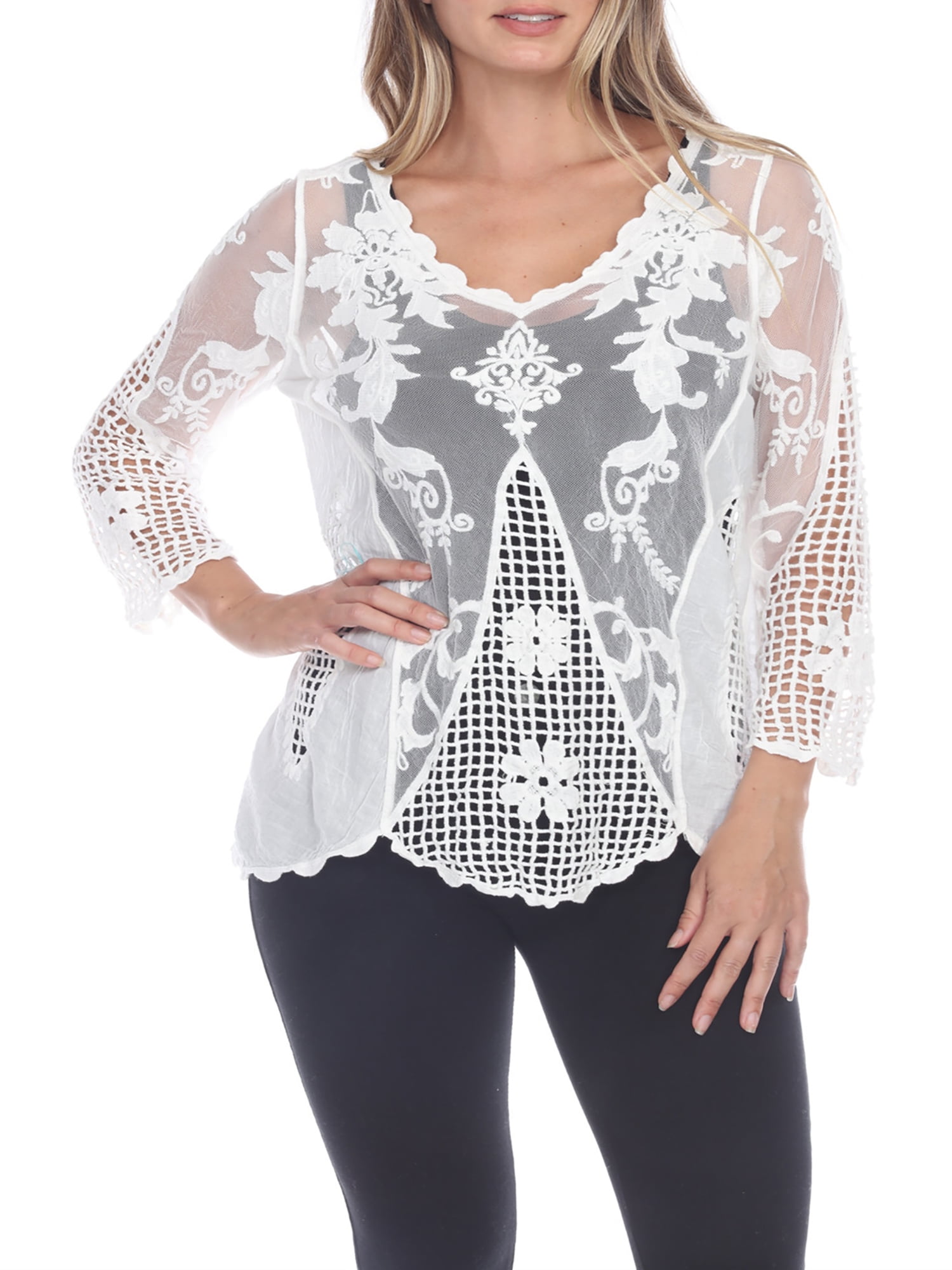 Simply Couture Sheer Long Sleeve Crochet Mesh Top, Women's