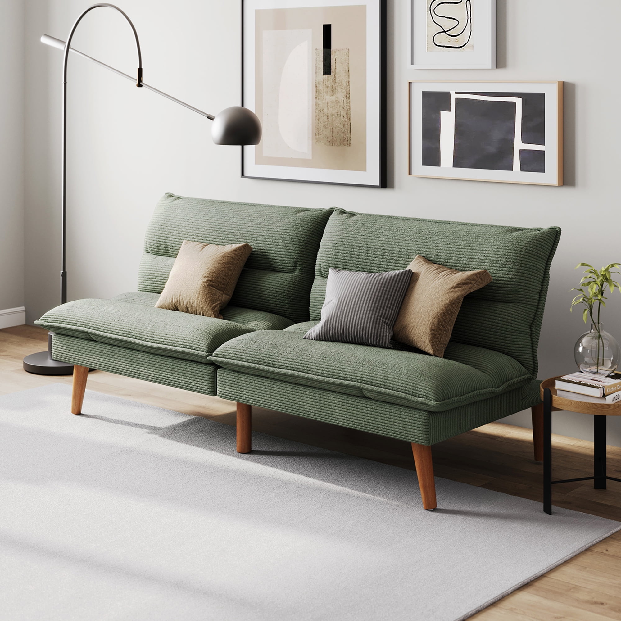 Linsy Home Futon Sofa Bed, Solid Wood  Legs Sofa Bed for Living Room, Green