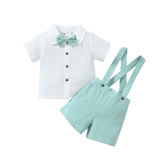 PureChapter Gentleman Outfit For Toddler Baby Boys Short Sleeve Button Down Bow Tie Shirt & Suspender Shorts 2Pcs Summer Clothes Set Green