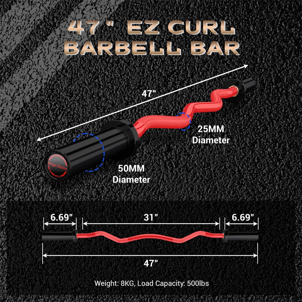 47" EZ Curl Bar for Weight Lifting, Biceps, Triceps, Back/Leg Muscle Group Exercise,Chrome Curling Bar Fit 2” Standard Weights