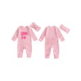 thumbnail image 2 of RUINIXCW Newborn Baby Girl Little Sister Outfit Baby Girls Spring Fall Winter Clothes Waffled Romper Letter Embroidered Jumpsuit and Headband 2Pcs Set, 2 of 9