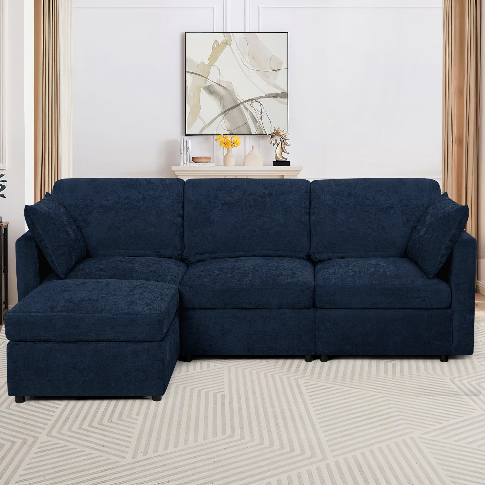 ACMEASE 84” Chenille 3 Seats Sofa W/Movable Ottoman, Modern Fabric L-Shaped Couch with Soft Backrest, Upholstered Sectional Sofa with Armrest Pillows for Living Room, Office, Blue