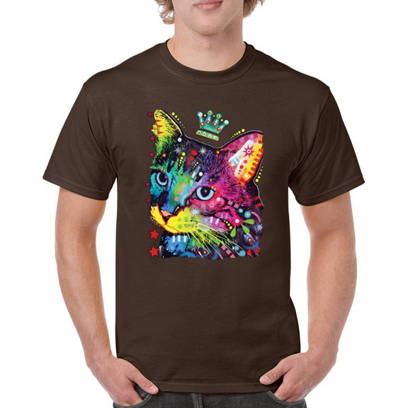 Tee Hunt Cute Thinking Crowned Cat T-Shirt Dean Russo Colorful Kitte Men's Tee, Brown, Large