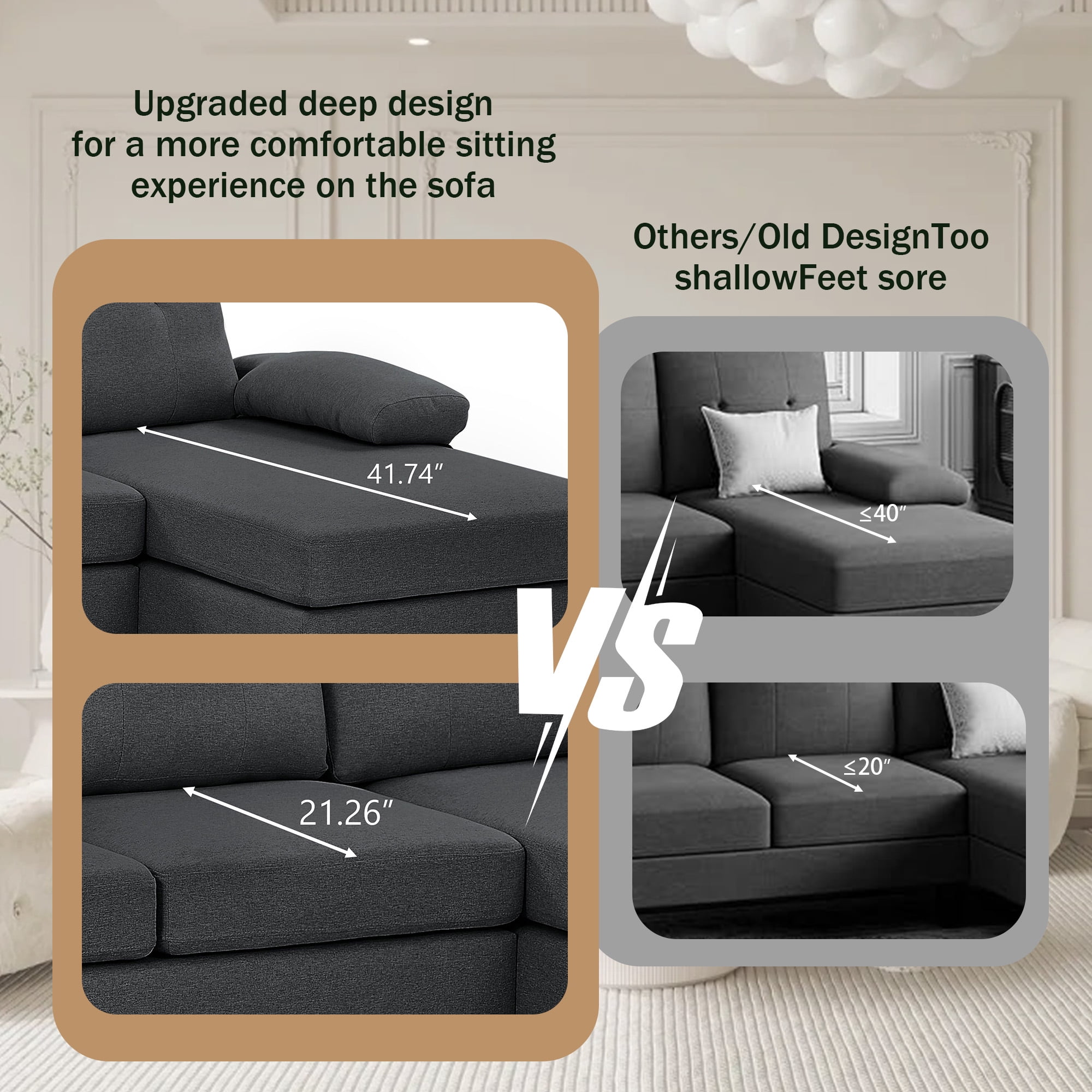 Soscana 105" Sectional Sofa U Shaped Couch with Double Chaises, Modern Linen Sofa Oversized 4 Seater Couch for Living Room, Apartment, Office, Studio