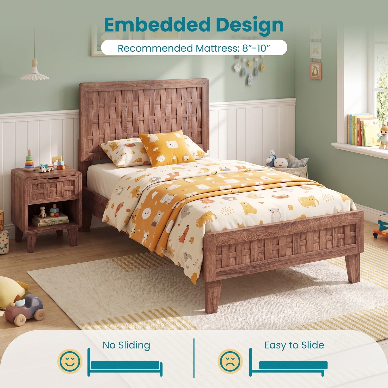 Furnibear Twin Bed Frame Wood Platform Bed with Woven Accent Headboard and 12 Plywood Slats for Kids Room, Walnut