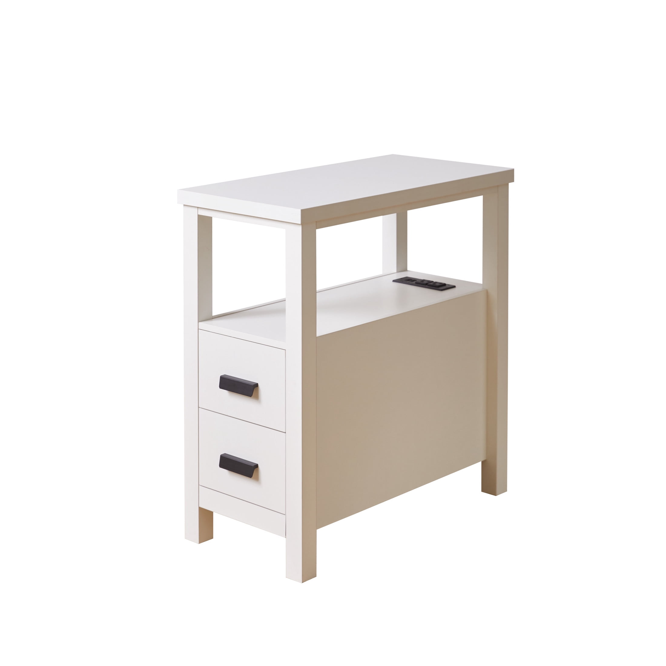 Noble House Marcus Modern End Table with Built-In Charging Station & 2 Drawers, Small Wood Bedside Table, White