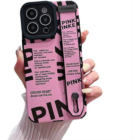 for iPhone Case,Cute Pink Letter Pattern Anti-slip 4 Corner Anti-drop with Hand Wrist Soft Shockproof Phone Case (Pink,iPhone 14 Pro)