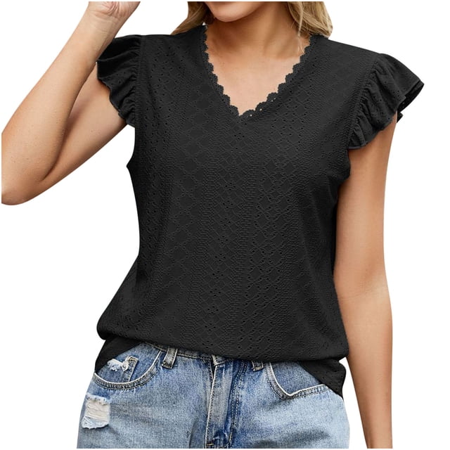 cfhntfmh Womens Tops V Neck Cap Sleeve Casual Eyelet Tops Loose Tee Shirts Summer Spring Dressy Basic Blouse