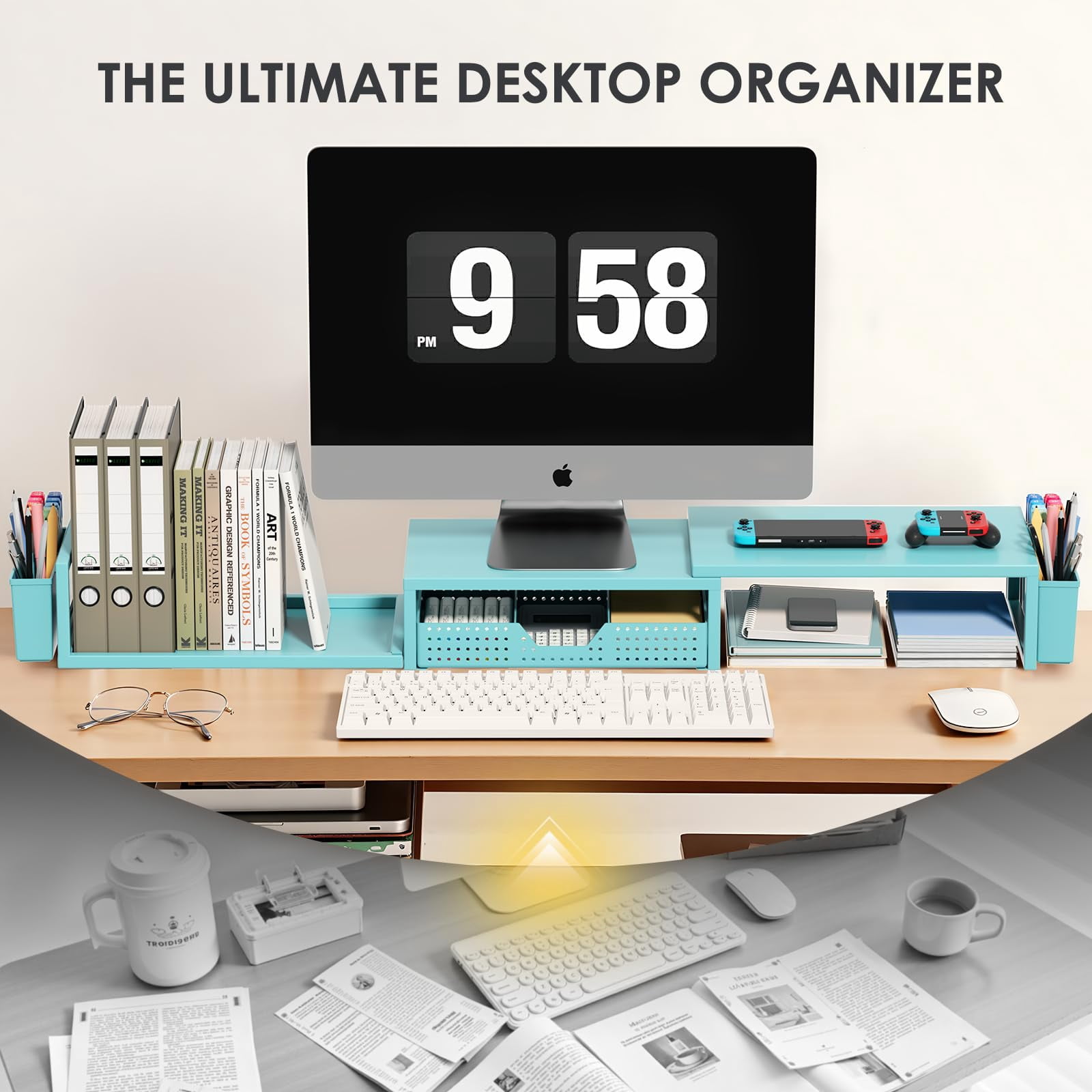 Desk Organizers And Accessories  Dual Monitor Stand Riser With Drawer 2 Pen Holders Shelf Metal Computer For Office Workspace Desktop Organization (blue Metal)
