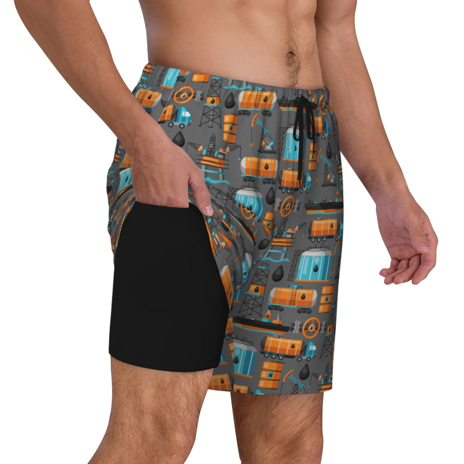 Xecao Industrial Transportation for Men's Swimming Trunks Swim Trunks Quick Dry Swim Shorts with Mesh Lining Funny Swimwear Bathing Suits