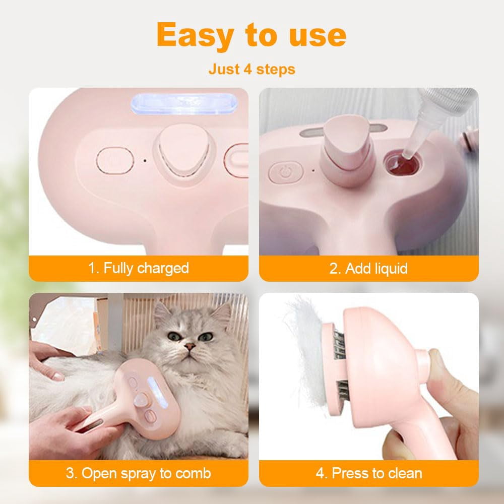 Pet Spray Hair Removal Comb,Upgraded 3 in 1 Cat Steam Brush, Self Cleaning Cat Steam Brush, with Water Tank and Release Button, Pet Steam Brush for Dog and Cat (White)
