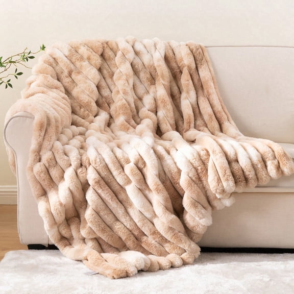 Battilo Beige Faux Fur Throw Blanket,Cozy Warm Plush Rabbit Fur Blanket for Couch Home Decor,50"x60"