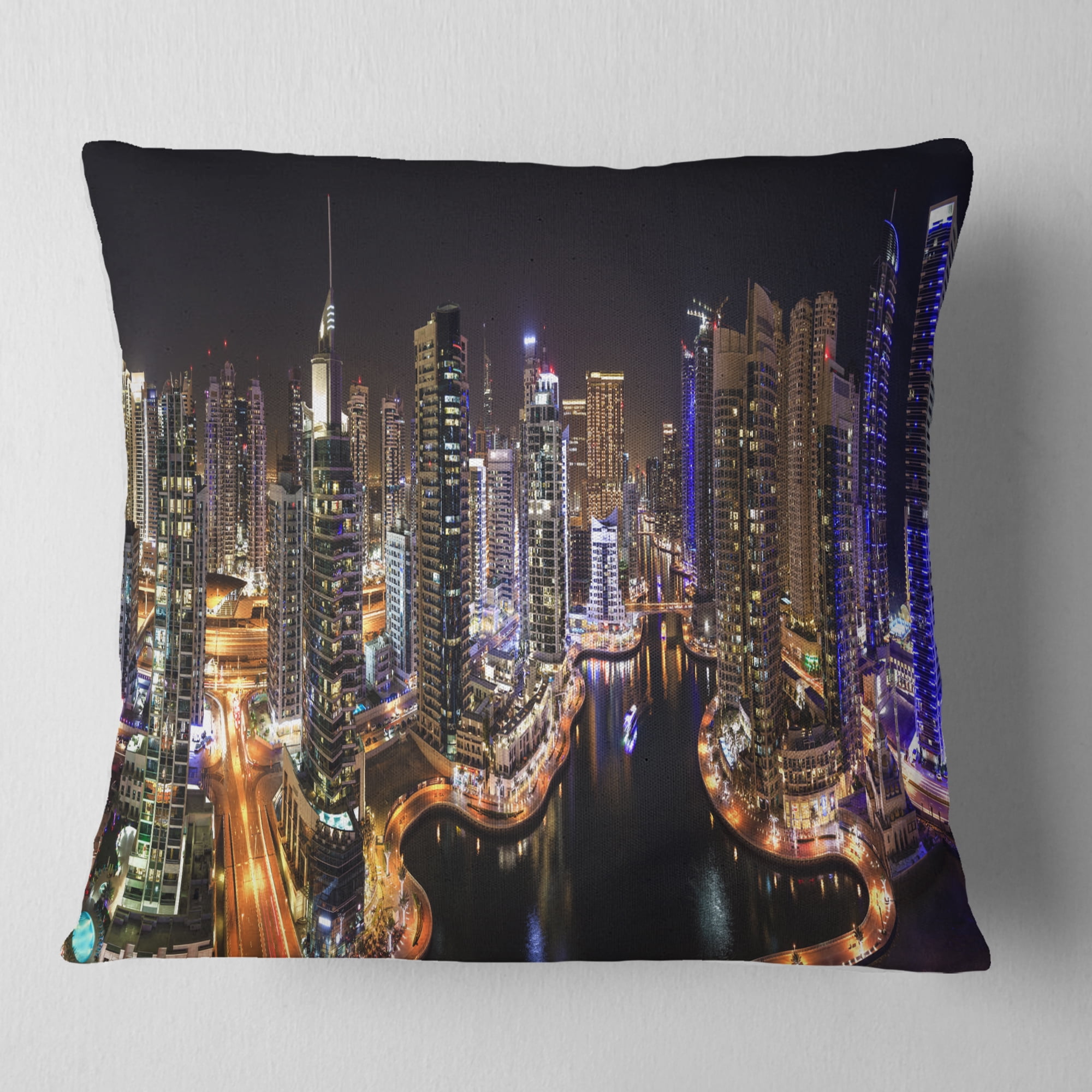 Designart Dubai Marina View at Night - Cityscape Throw Pillow - 18x18