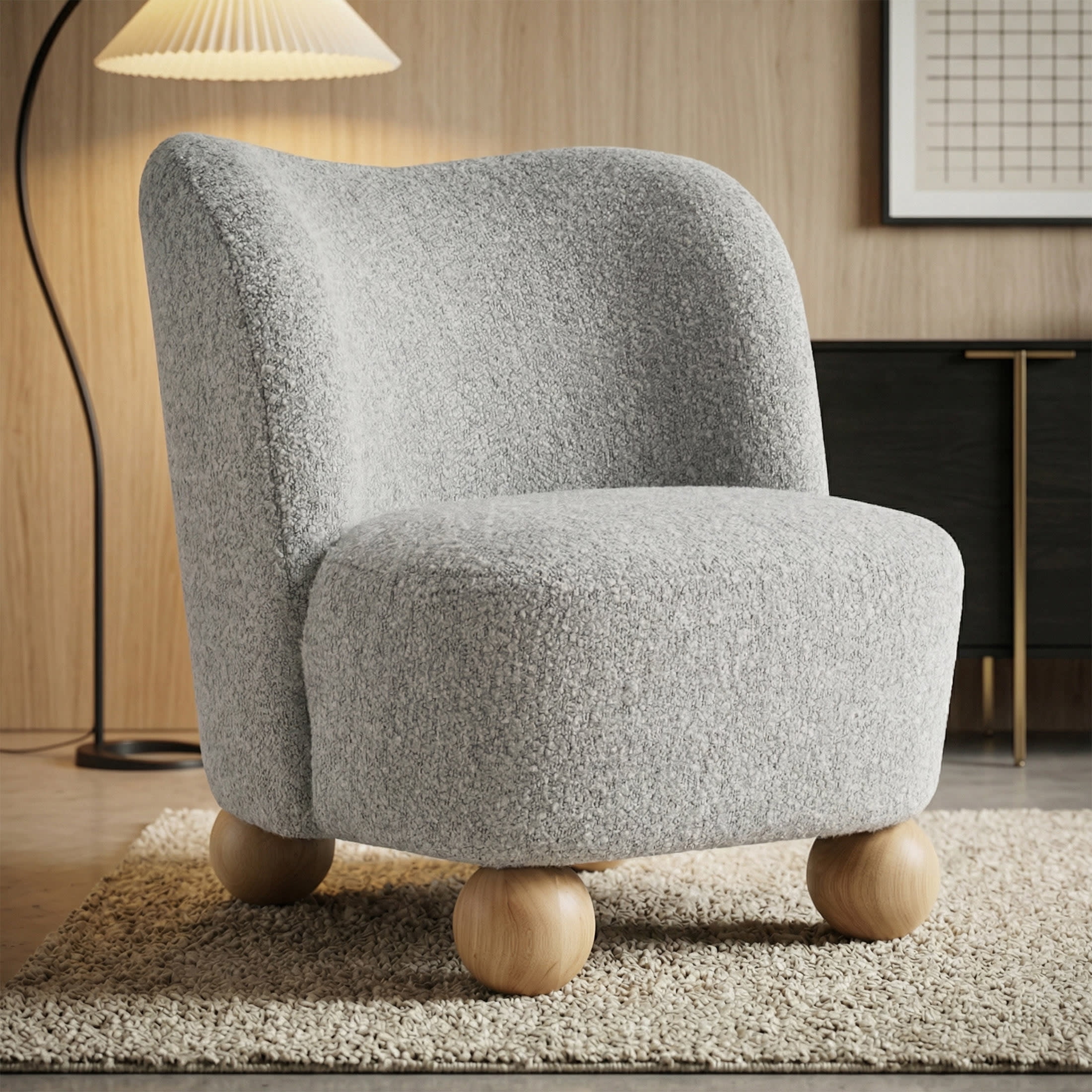 Aenkyo Contemporary Boucle Armless Accent Chair with Sculptural Wood Ball Feet, Gray