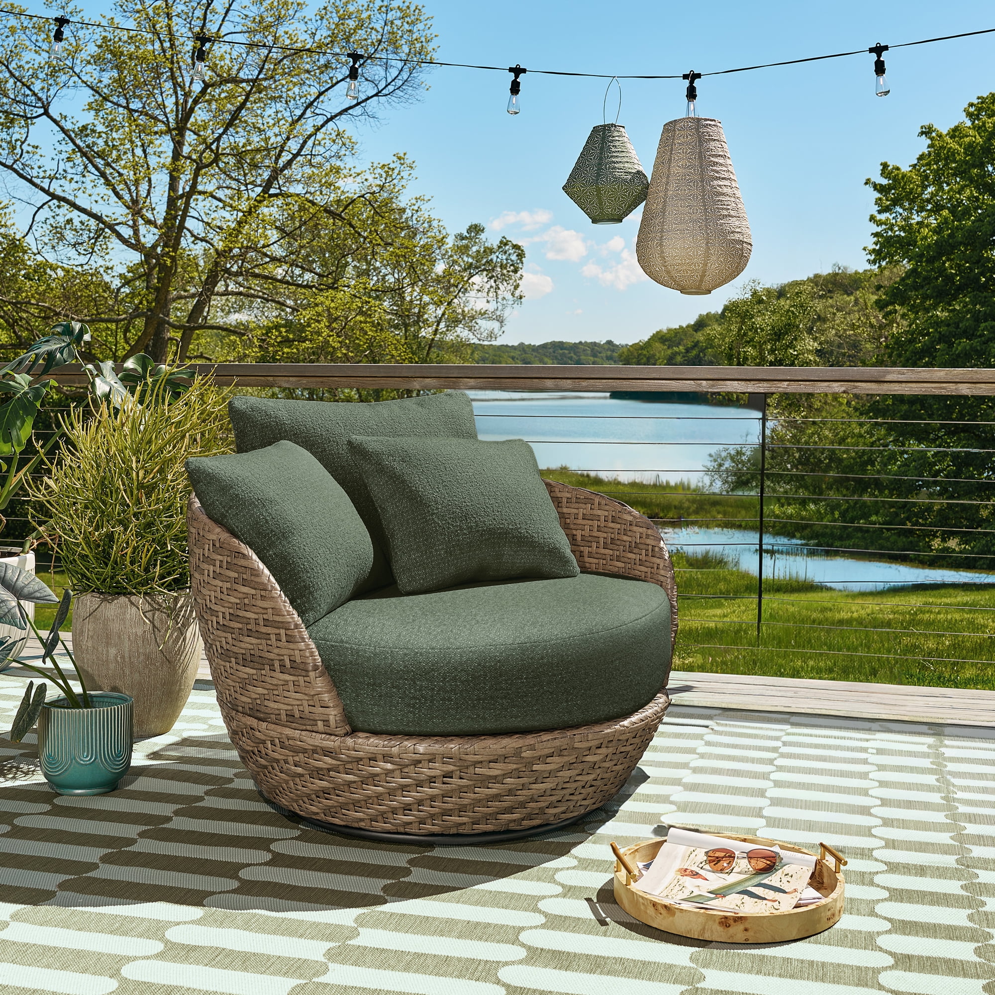 Beautiful Wicker Outdoor Swivel Statement Chair with Boucle Cushions & Cover by Drew Barrymore, Brown/Thyme