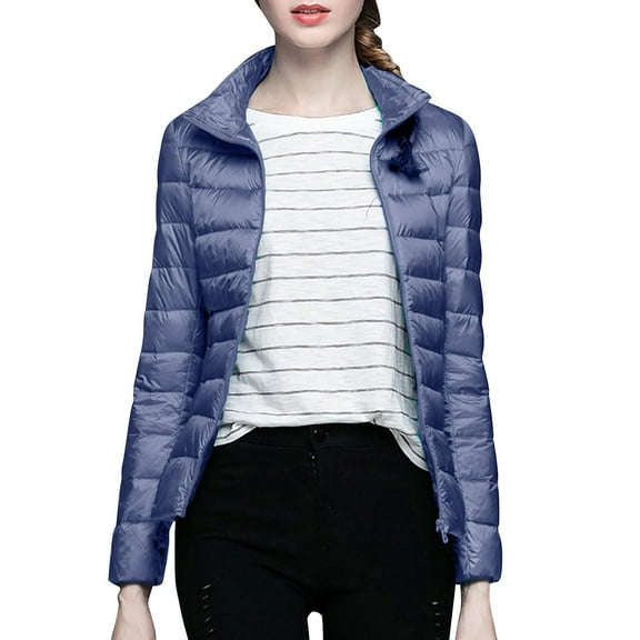 Tiqkatyck Womens Puffer Coat Women's Winter Warm Solid Color Stand Collar Hatless Ultra Light Down Jacket Puffer Jacket Womens Winter Jackets for Women Dark Blue L