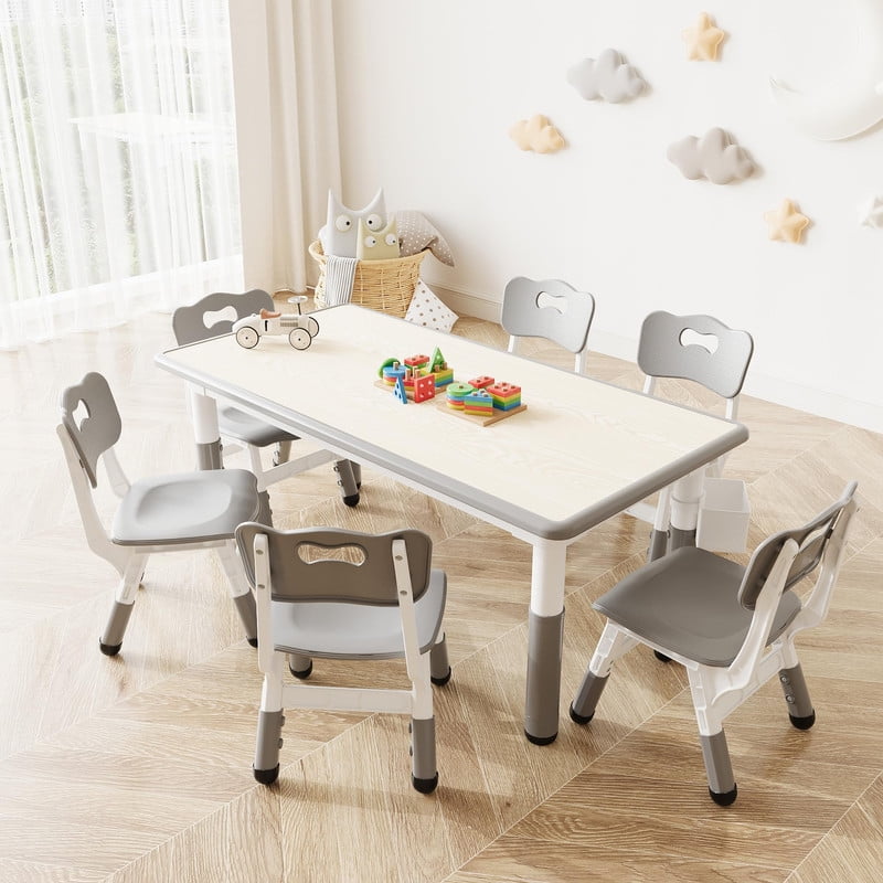 Towallmark Adjustable Kids Table and 6 Chairs Set with Storage, Multi Activity Toddler Table Set for Ages 2-10, Childrens Activity Table with Graffiti Top, Non Slip Legs, For Home Classroom