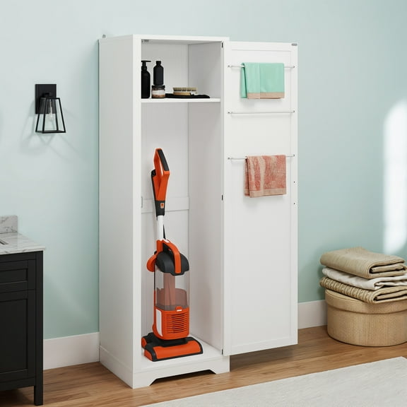 Craftian Broom Closet Storage Cabinet with shelf, Garage Cabinet with Hanging Rod, White