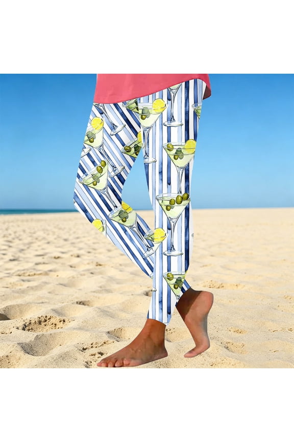 Womens Summer Casual Printed Slim Fit Yoga Capris High Waist Compression Running Leggings with Pockets