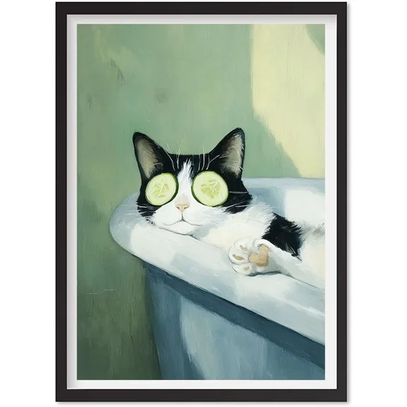 Black Tuxedo Cat Bathroom – Funny Spa Cat Wall Art, Relaxing Cat Bath Poster, Matte Canvas Stretched, Posters for Room Bedroom Living Room Bathroom Wall Decor, Posters & Art Prints, Gift.