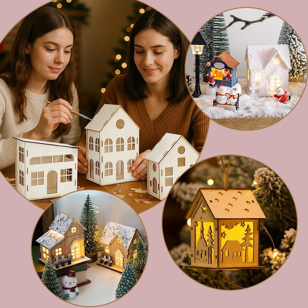12pcs DIY Christmas Village Sets Unfinished Wooden Houses for Crafts 6 Styles Mini Unassembled House for Indoor Room Landscape Holiday Party Desktop Decoration
