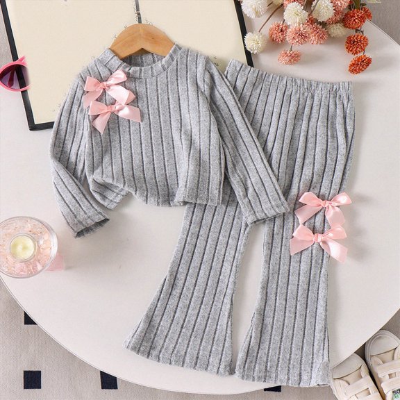Girls Fall Winter Casual Long Sleeved Top Bow Pants 2Pcs Set