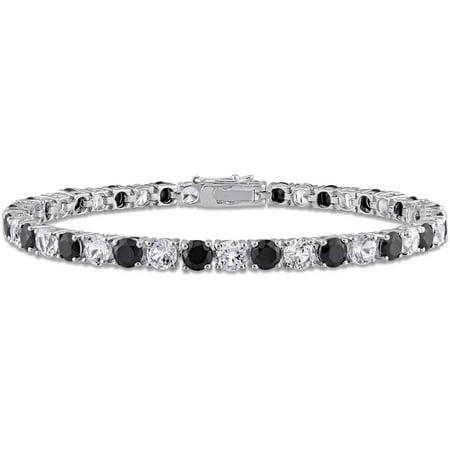 14-1/4 Carat T.G.W. Created White Sapphire and Black Spinel Sterling Silver Tennis Bracelet, 7"