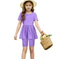 thumbnail image 6 of Toddler Kids Girls Two Piece Set, Cute Solid Color Loose Soft Short Sleeve Dress Long Tops Yoga Leggings Shorts Suit Two Piece Set Purple 6Y, 6 of 8