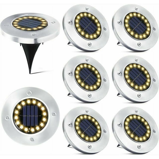 Luces solares para suelo, diseño mejorado, luces solares para exteriores para patio, pasarela, iluminación de paisaje resistente a la intemperie (blanco cálido, paquete de 8)