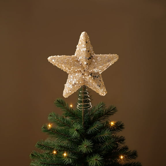 Lksixu Christmas Tree Toppers, Christmas Decorations 5.5" Gold Glitter Star Treetop with Spring Bottom, Five-Pointed Star Xmas Tree Decor Farmhouse Christmas Tree Hanging Ornament for Holiday Party