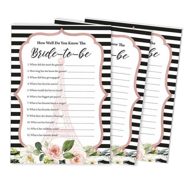Inkdotpot 50-PackFloral Eiffel TowerWho Know The Bride Best How Well Do You Know The Bride Bridal Shower Bachelorette PartyGameActivityCards