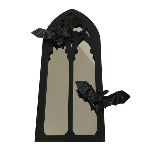 Espejo de pared con arco gótico, estilo vintage, decorativo de madera, con forma de murciélago. 2 murciélagos