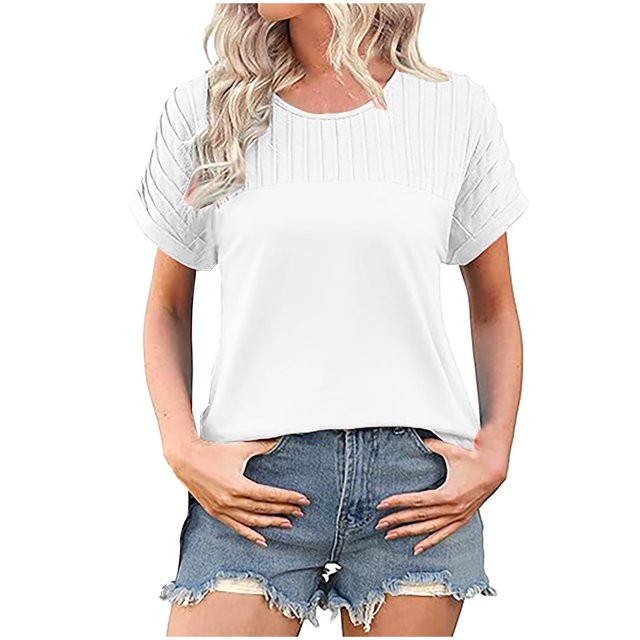 biudgviw Hauts Tendance pour Femmes Manches Courtes Col Rond Plissé T-Shirts Amples d'Été Blouses
