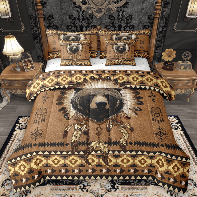 Manfei Ensemble de Literie Rustique avec Couette 7 Pcs, Ensembles de Literie Grand Aztèque Brun Attrape-Rêves, Ensembles de Draps Grand Style Ferme Vintage, Déco de Chambre Super Douillette