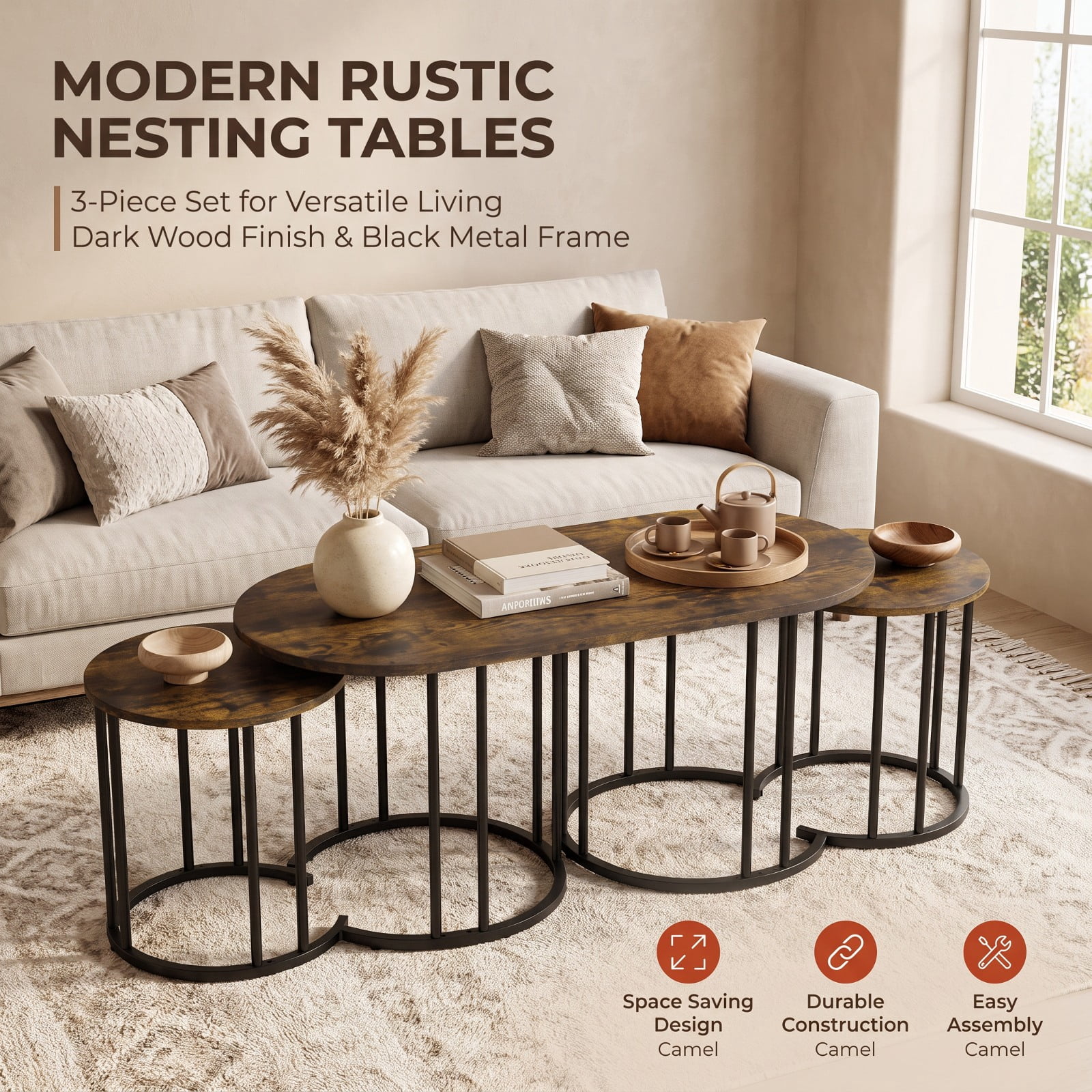Furnibear Nesting Coffee Table Set of 3 with Wood Grain Tabletop and Powder Coated Black Metal Frame for Living Room, Rustic Brown
