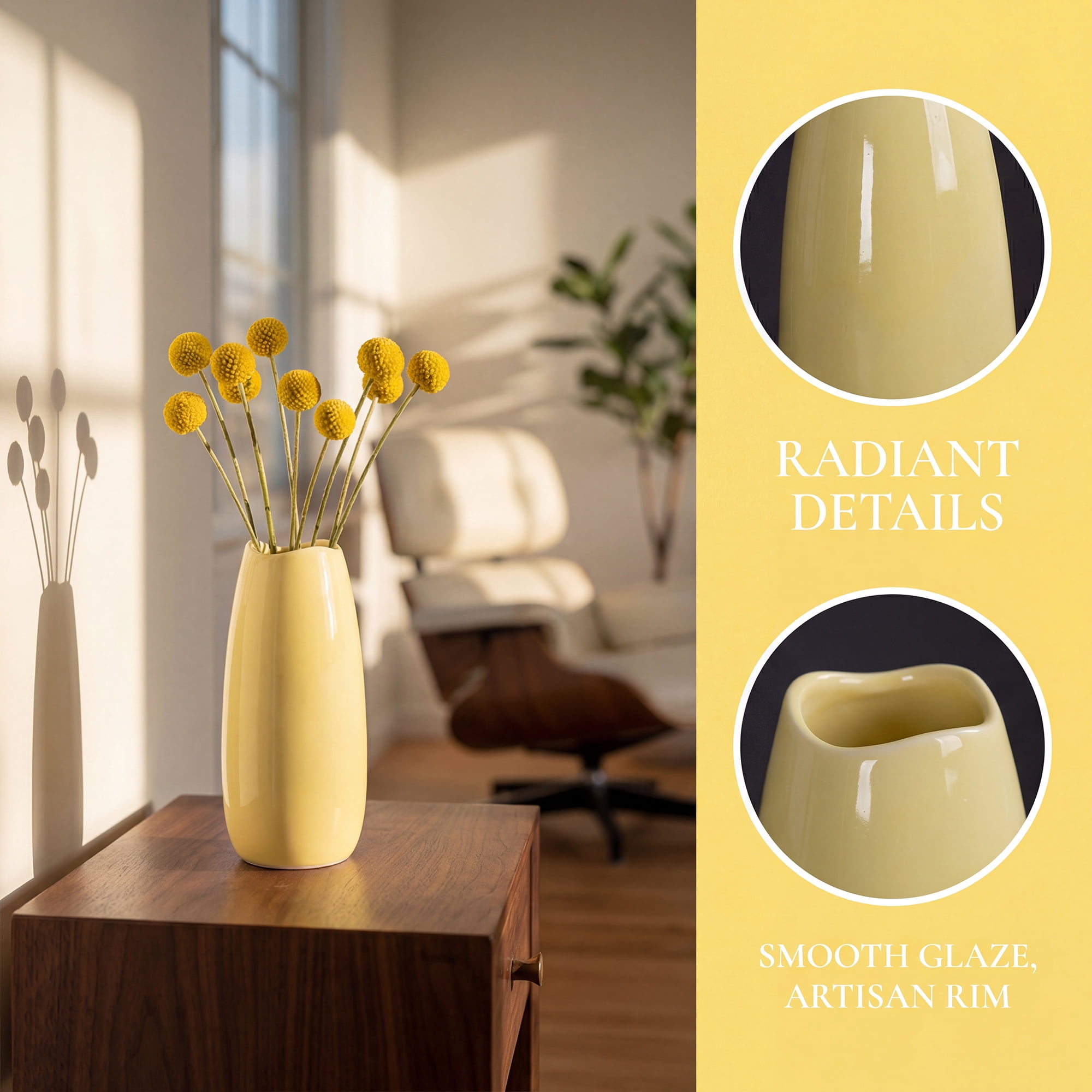 Unique Bargains Small Ceramic Bud Modern Cylinder Ribbed Decorative Flower Vase Yellow