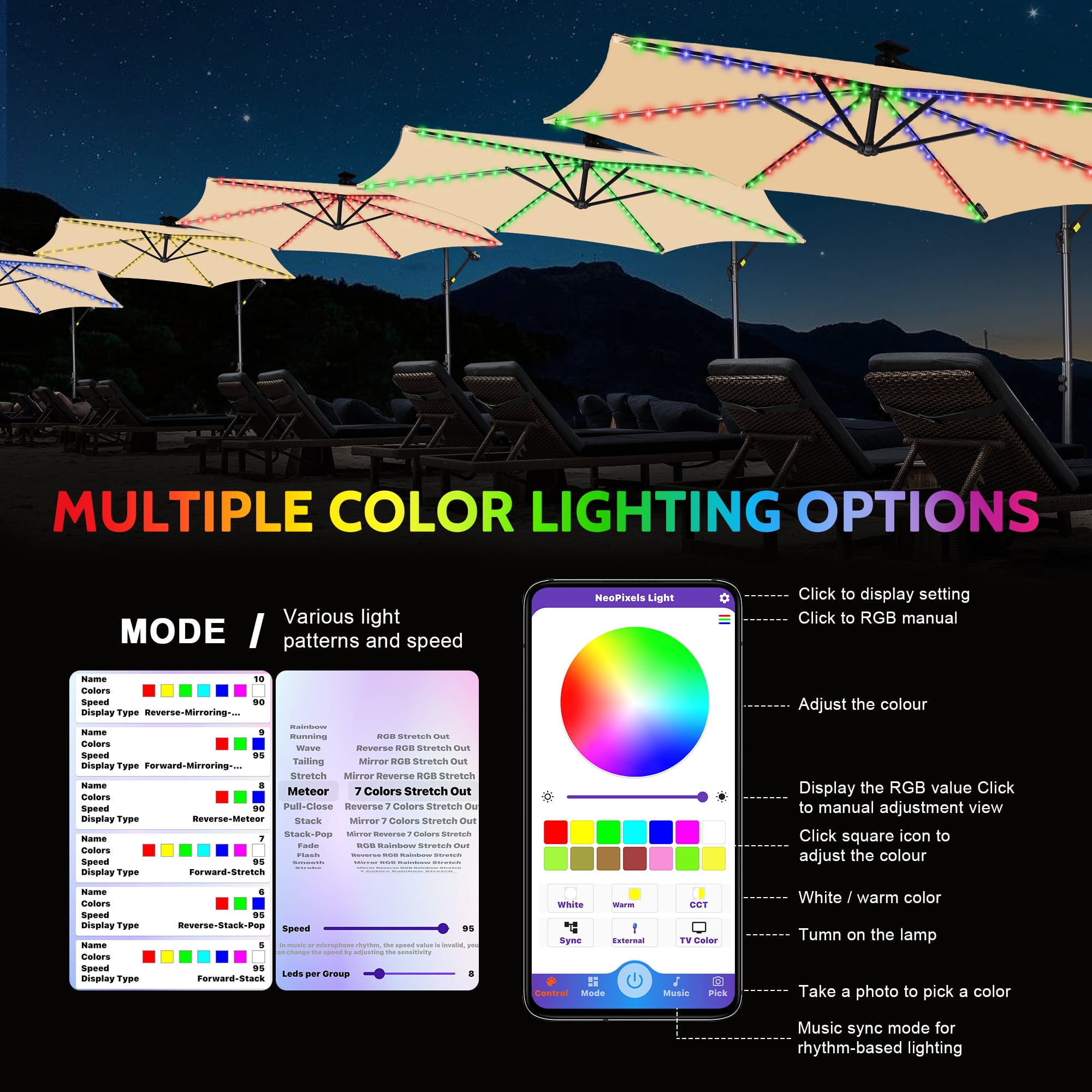 Scafild | 10 ft Colorful Lighted Cantilever Offset Hanging Outdoor Patio Umbrella W/ Easy Tilt - Off-white