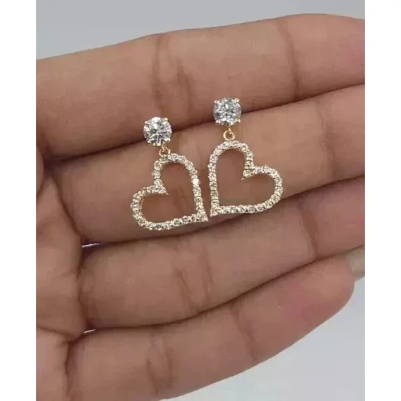 2.00Ct Round Cut Simulated Diamond Solitaire Heart Shape Drop Dangle Women's Earrings 14K Yellow Gold Plated 925 Silver