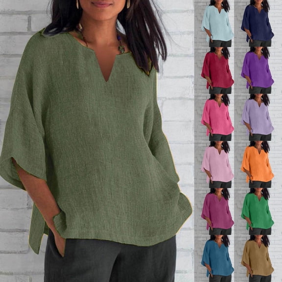 Womens 3/4 Sleeve V Neck Tee Loose Fit Solid Color Casual Summer Comfort Top
