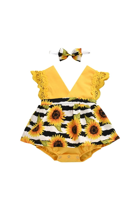 0-24M Newborn Baby Girls Romper Dress +Headband Sunflowers Print Lace Sleeve V Neck Jumpsuits Summer Infant Bodysuit clothes set